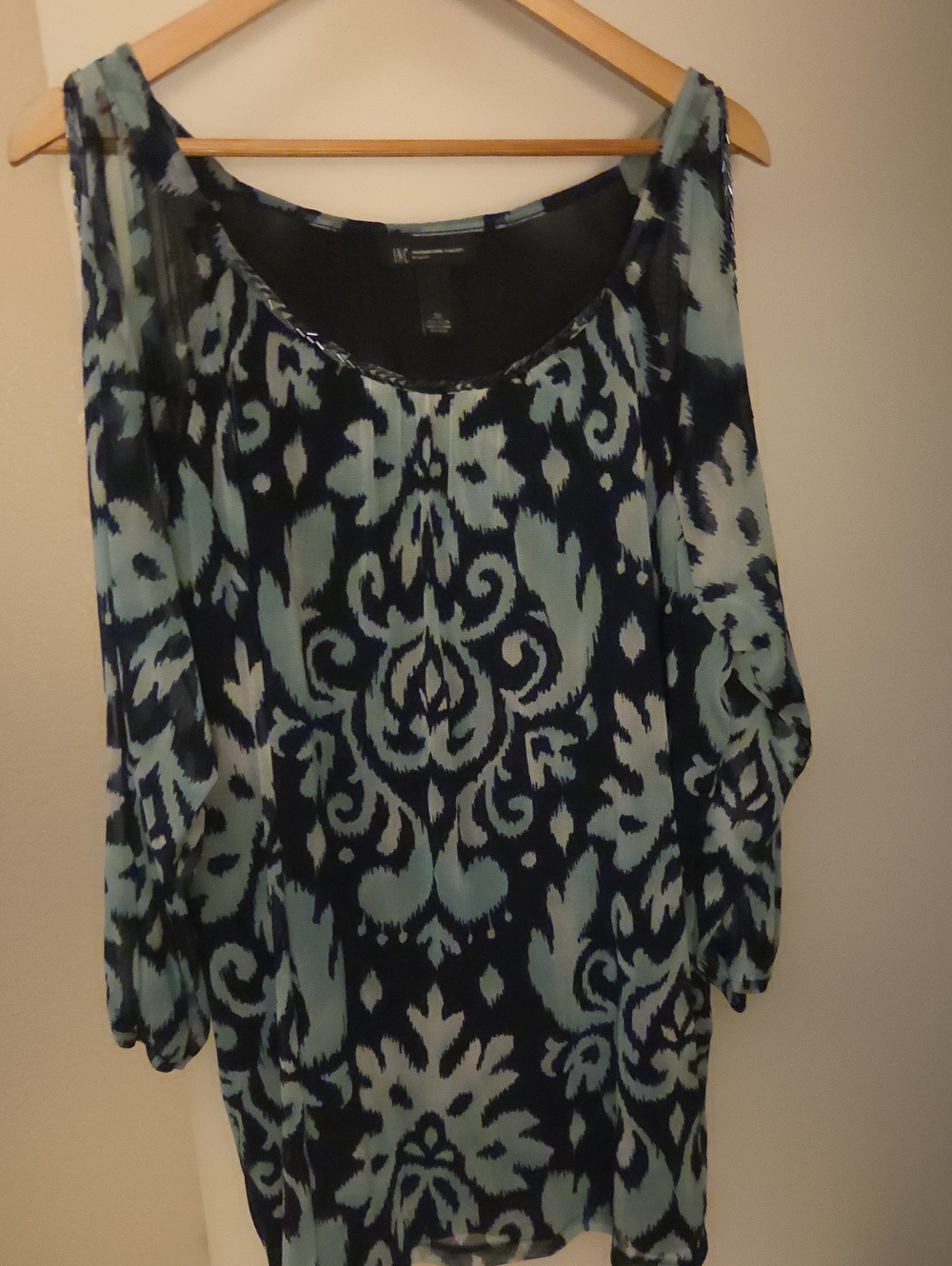 INC International Concepts Blue Damask Cold Shoulder Chiffon Tunic Top